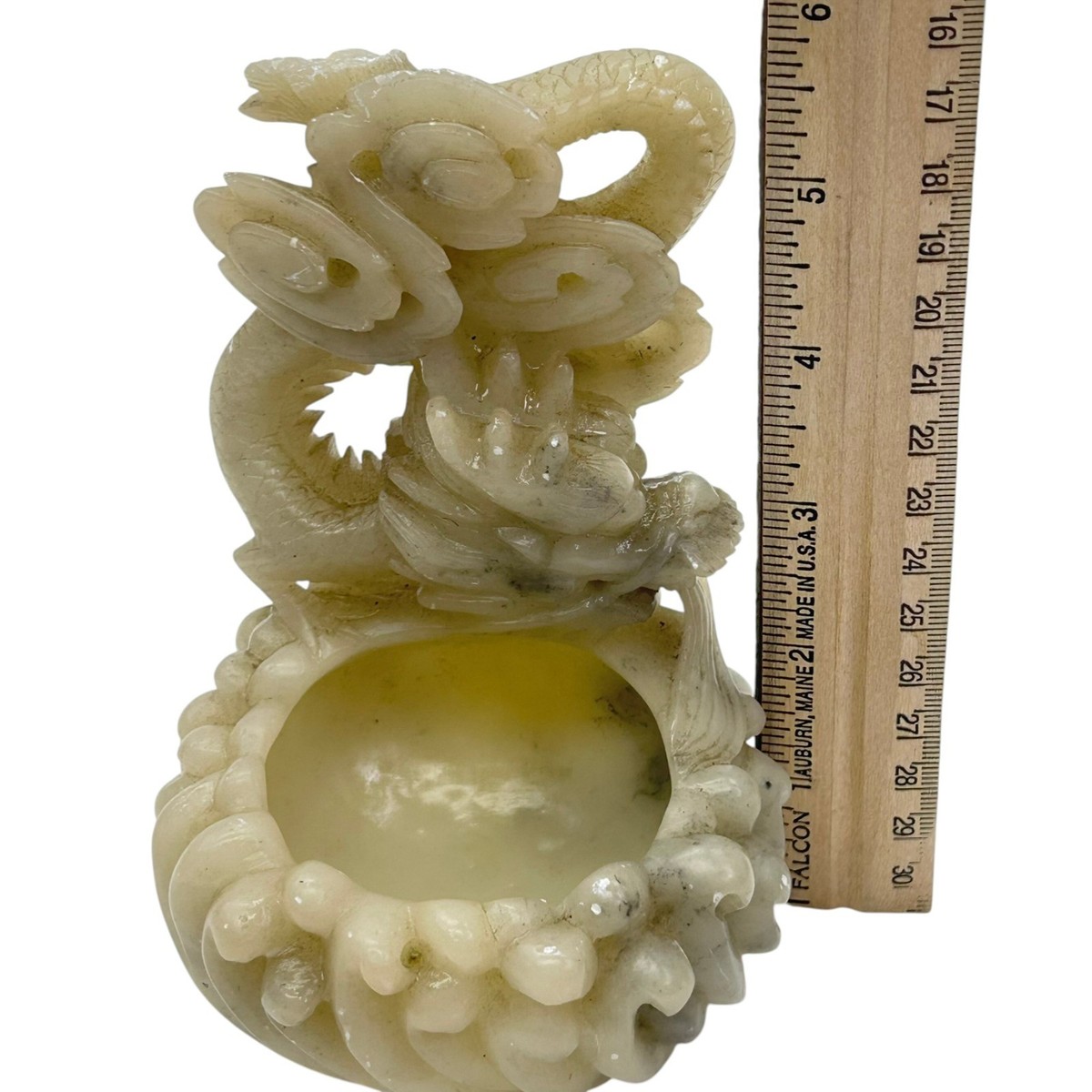Vintage Chinese Hand Carved Faux Jade Dragon Motif Buddhist Bowl