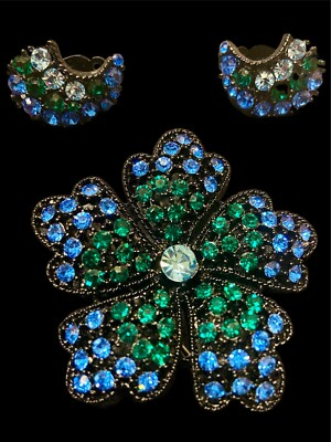#ad Vintage Signed Kramer Blue amp;Green Rhinestone Brooch Earrings Set Japanned 1950s $54.90