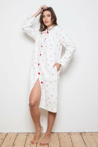Ladies Womens Pink Ditsy Floral Quilted Button Up Robe Dressing Gown Cottonreal - Picture 2 of 3