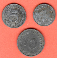 Third Reich Germany Lot 3 Zinc Coins 1, 5 AND 10 Pfennig 1940-42s Swastica 6065