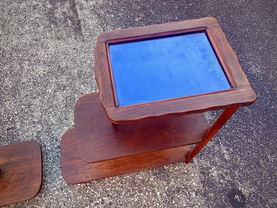 2 Art Deco Brown side End tables COBALT BLUE MIRROR Gorgeous Trim Patina - Image 3 of 4