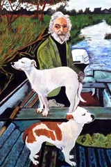Man in Boat with Dogs Movie Painting Poster Motorboat on Water Film Cool Wall D