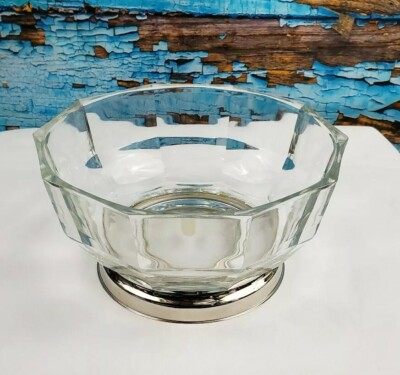 Vintage 9'' William Adams Serving Bowl 10 Sided Clear Glass & Silver Plated Base
