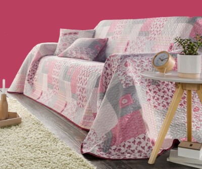 ÜBERWURF ~ TAGESDECKE für SOFA-COUCH-SESSEL-BETT beere-rosa-grau-wollweiss NEU
