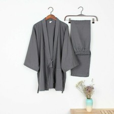 Men Cotton Long Sleeve Kimono Pajamas Pants Set House Coat Sleepwear Nightwear