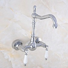Polished Chrome Bathroom Basin Sink Faucet Dual Handles Mixer Tap Wall Mount