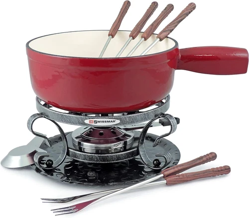 KF-66517 Lugano 2-Quart Cast Iron Cheese Fondue Set, 9-Piece,Cherry Red