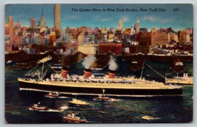 The Queen Mary in New York City Harbor Postcard  1955