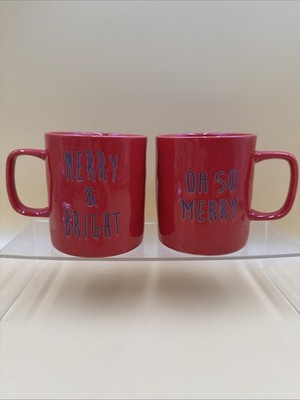 Set/2 Oh So Merry & Merry & Bright Embossed Red Christmas Mugs Global Design