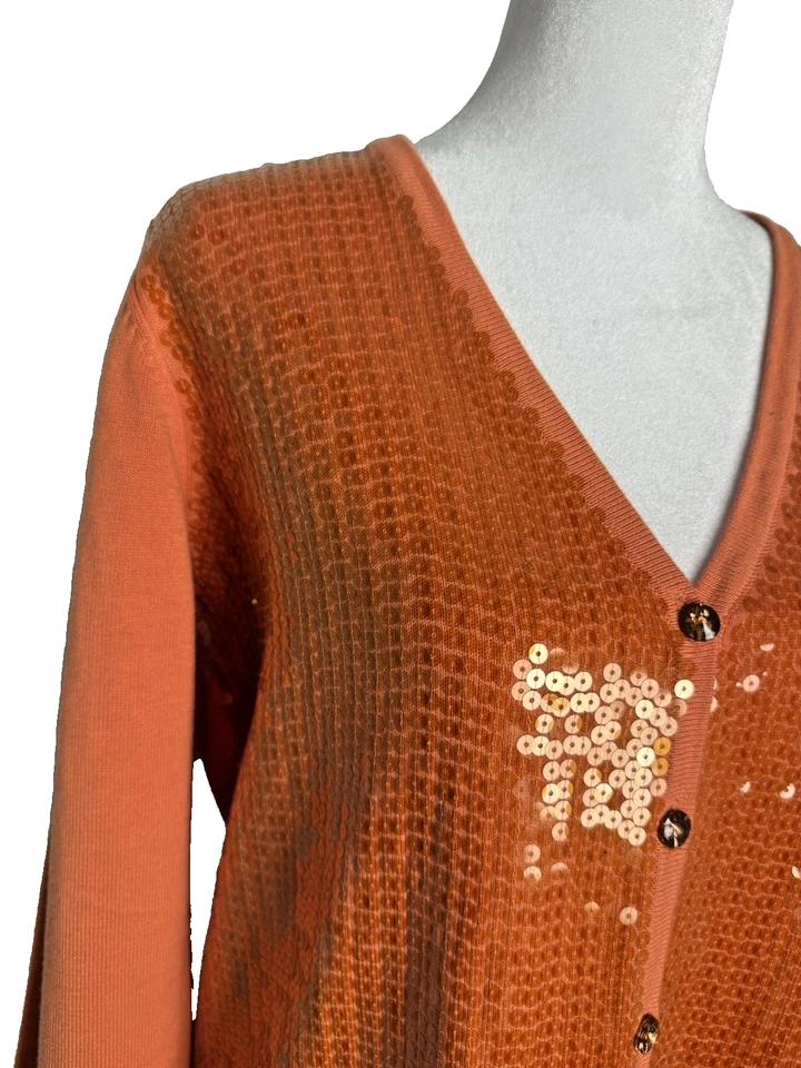 Quaker Factory Women's Cardigan Sweater Orange Sequins Size Small V Neck Button - Image 3 of 4
