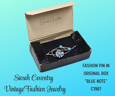 Vintage SARAH COVENTRY Estate Jewelry Pin In Original Box-BLUE NOTE C1967