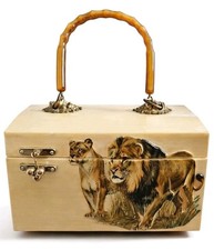 Vintage 1960s Mod GoGo Wooden Box Purse Lucite Bamboo Handle 3D Lion Decoupage
