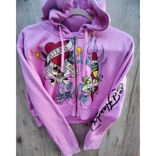 Y2K Ed Hardy Christian Audigier Pink Zip Up Hoodie Love Kills Slowly Cropped XL