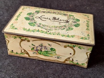 Vintage Louis Sherry of New York Tin Container w/Hinged Lid Lavender/Green Canco