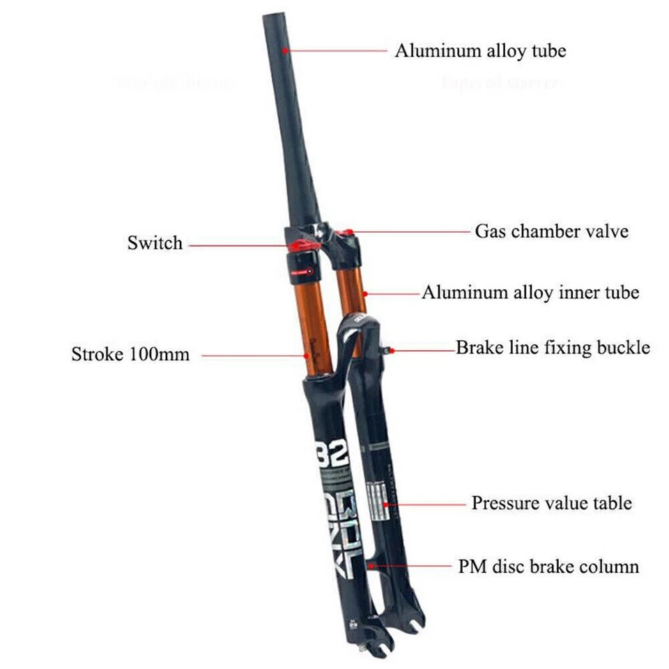 1-1/8 Threadless Air Shock Suspension Fork MTB Mountain Bike 26" 27.5" 29" 100mm - Image 2 of 4