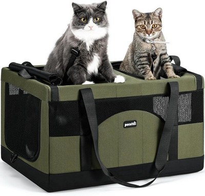 pecute Katzentransportbox für 2 Katzen Faltbare Tragetasche Dunkelgrün Haustier