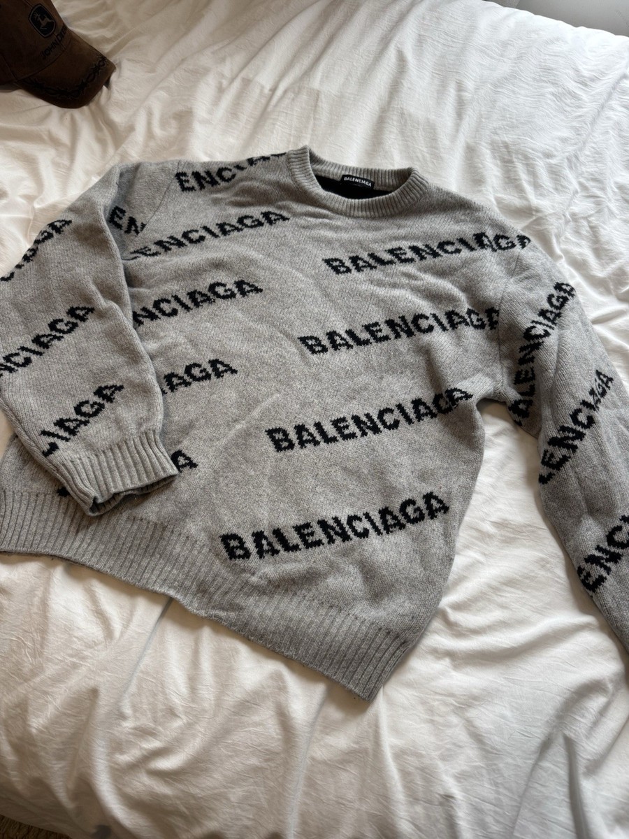 Balenciaga Men's Wool Knit Logo Pullover Sweater Gray Black XXL