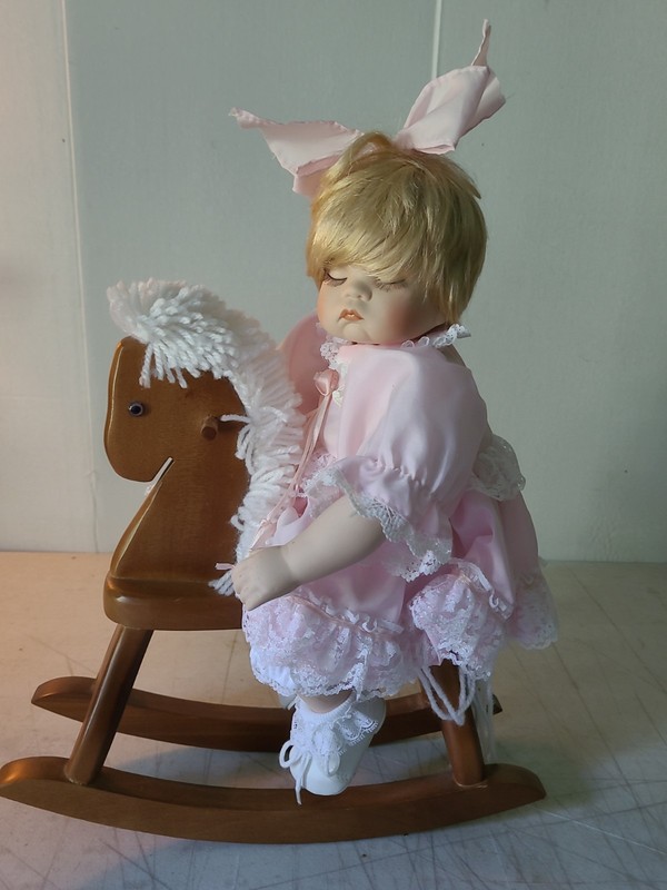 Vintage Porcelain Doll On Wooden Rocking Horse. 14" Tall. Perfect Condition