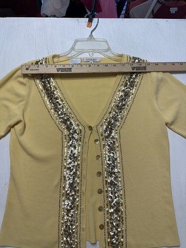 LOULOU Yellow Cardigan Sweater M Sequin Beaded Embellished Button Front - Picture 3 of 10