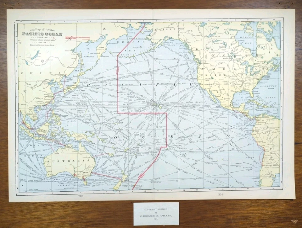 Mapa de colección 1903 OCÉANO PACÍFICO 22"x14" ~ Antiguo Antiguo Original FIJI HAWAII TAHITI Foto 2 de 4