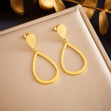 18K Gold Plated Stainless Steel Oval Dangle Drop Earrings Stud Women Jewelry