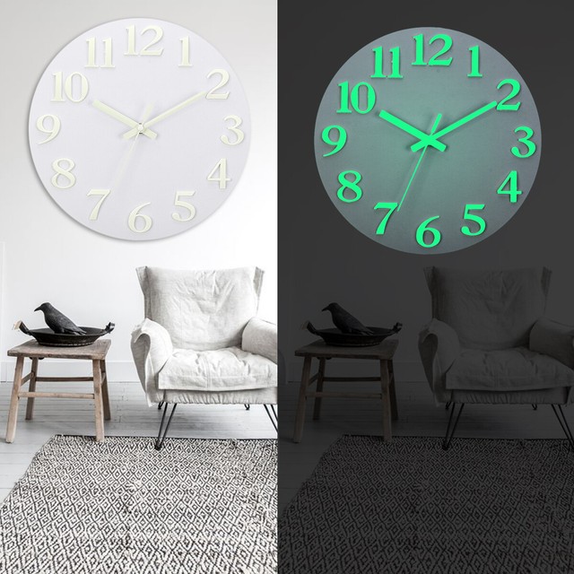Glow In The Dark Wall Clock Silent Quartz White Living Room Bedroom Luminous