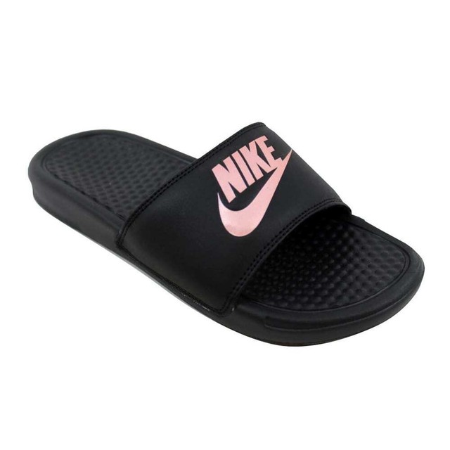 black nike slides with rose gold