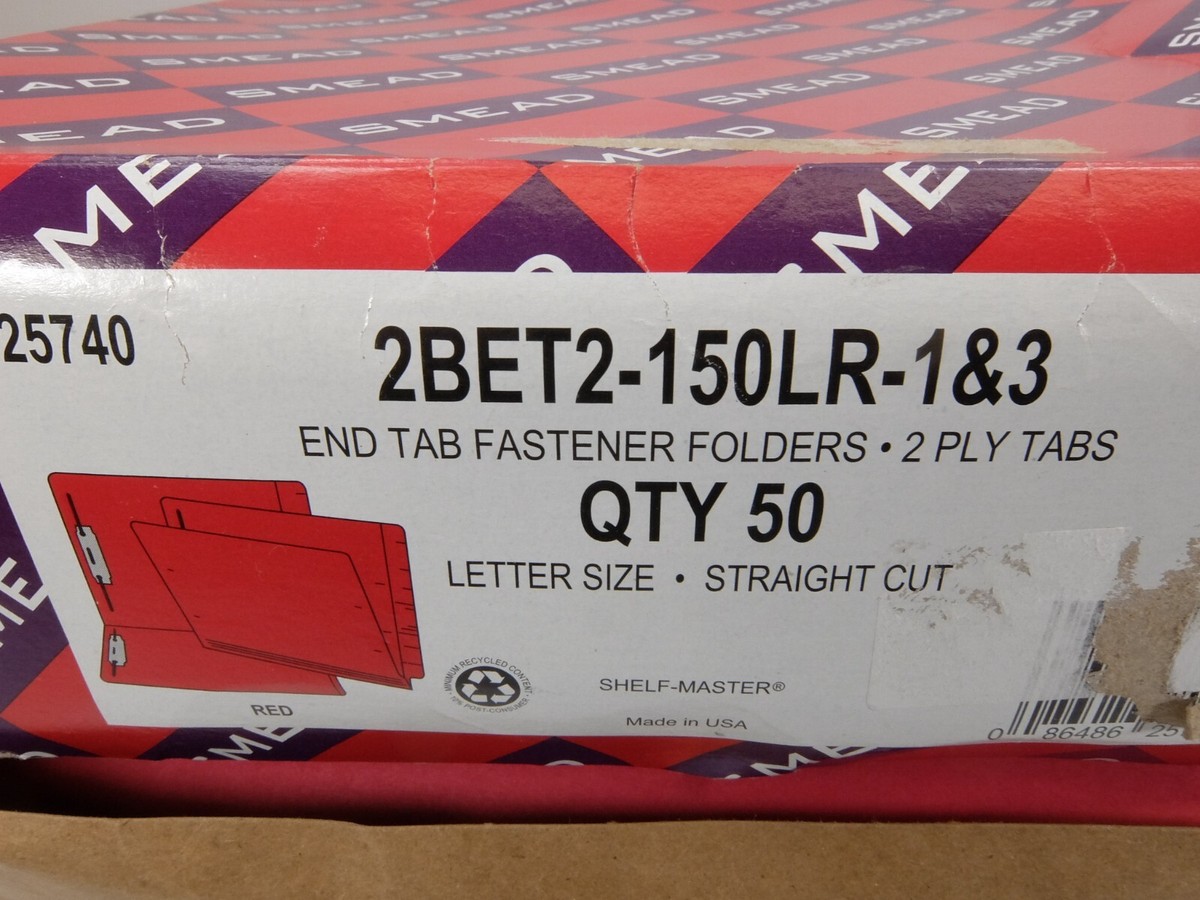 Smead 25740 End Tab Fastener Folder Letter Sz Red/50 Ct 2BET2