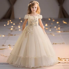 FLOWER GIRLS WEDDING LONG DRESS KIDS PARTY LACE BOW BRIDESMAID DRESSES CLOTHES