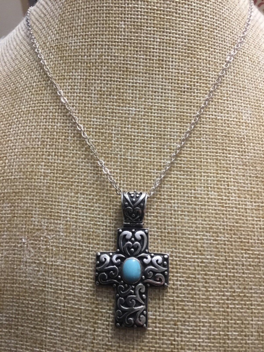 Vintage Sterling Silver 925 HS Decorative Cross Turquoise Signed 