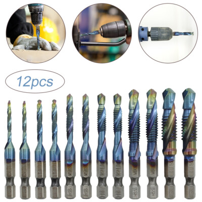 12PCS HSS 1/4'' M3-M10 Hex Shank Titanium Coated Screw SAE Thread Tap Drill Bits