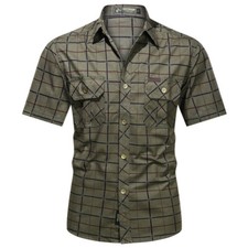 Mens Short Sleeves Shirts Plaids Checks Pockets Cotton Casual Work Shirts Tops