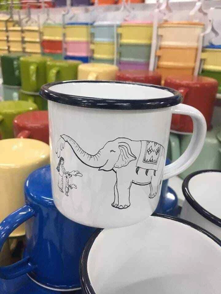 Thai Elephant Enamelware Cup Mug Vintage Coffee White Blue Thai Enamel Camping - Image 3 of 4