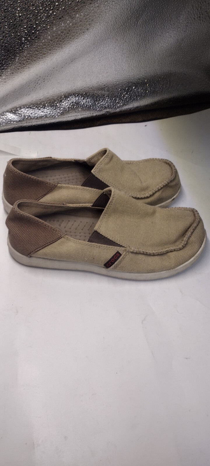 Crocs Santa Cruz Youth Boys Size J4 Beige Brown Canvas Slip On Loafers B22-image
