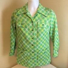 Vtg 60's 70's Womans Homemade Green Yellow White Plaid Jacket Measures Medium FS