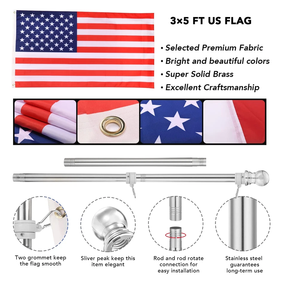 Poste de bandera para casa con bandera americana 3x5, poste de bandera de montaje en pared de 6 pies con Br... Foto 2 de 4