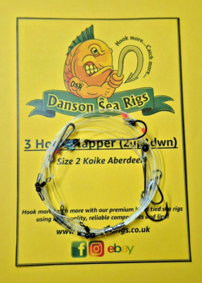 3 Hook Flapper Sea Fishing Rigs 4 Pack Koike Aberdeen Hooks 2 Up 1 Down UK