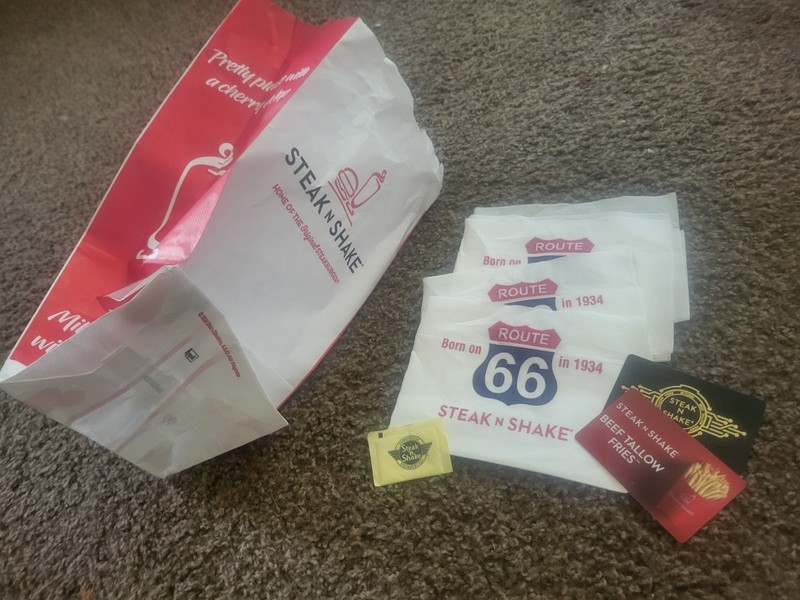 STEAK n SHAKE ROUTE 66 NAPKINS /  BAG /  SUGAR   / AND GIFT CARDS   NO VALUE