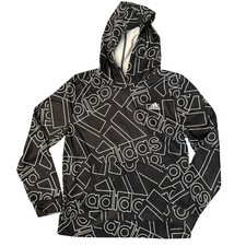 Adidas Kids Hoodie L 14/16 Black White Logo Pullover Sweatshirt