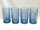 4 Vtg Anchor Hocking Tartan Blue 16 Oz Tumblers Drinking Glasses Blueberry Exc