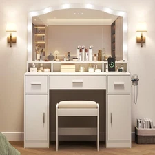 🌟 LED Vanity Desk with Mirror 3 Drawers Makeup Table with Outlet Bedroom Furnit