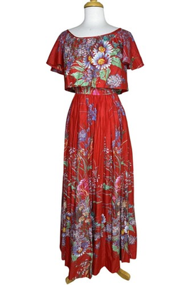 #ad #ad Vintage 70s Red Floral Maxi Length Dress Empire Waist Rona Brand Size 10 $50.00