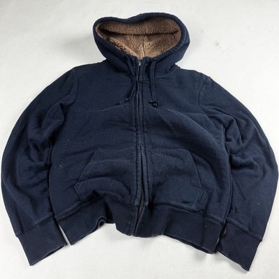 Womens Vintage Sherpa Lined Full Zip Hoodie Navy Heavyweight Fleece Casual Y2K