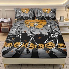 Skull Print Fitted Sheet Set Twin Size, Pumpkin Lamp Skeleton Print Bedding S...