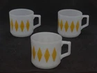 Vintage 1960's Fire King Milk Glass Yellow Diamond Harlequin Mugs - D Handles