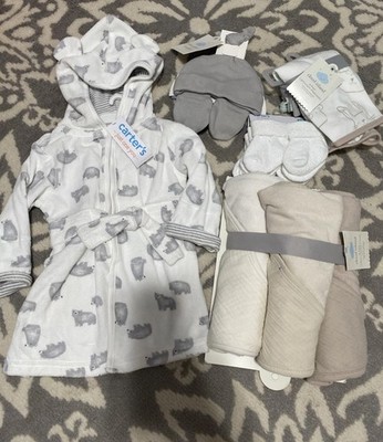 Baby Boy Bundle 0-3 Socks, Hat, Washcloths, 0-9 Month Bath Robe, Towel Set NEW