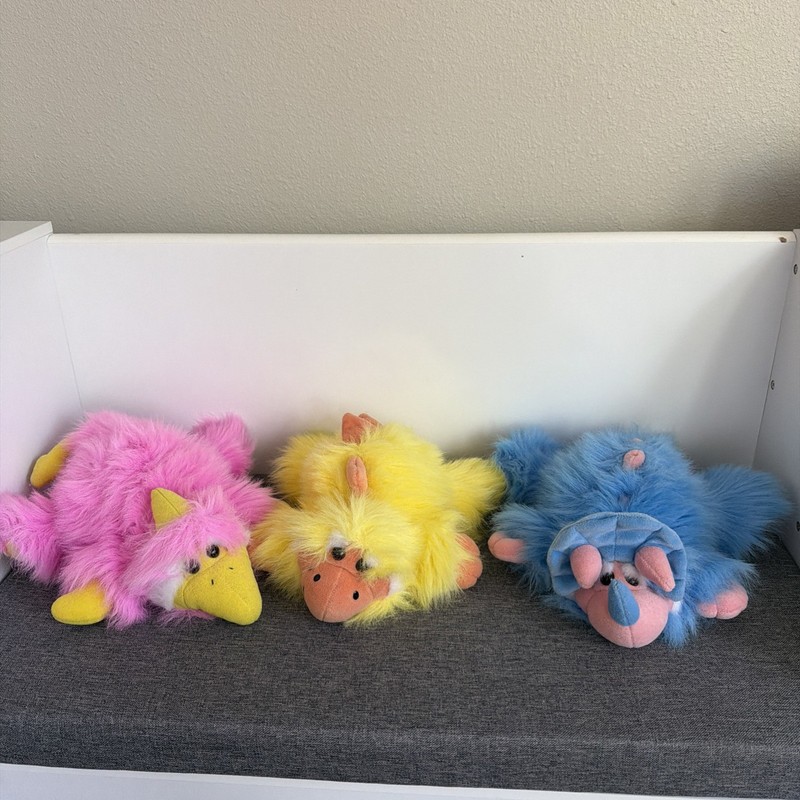 Vintage Pink, Yellow, and Blue Dakin Jurassic Dinosaur SHAGASAURS Plushies 
