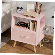 Night Stand with Charging Station Kids Nightstand with Drawer 2-Tier Pink