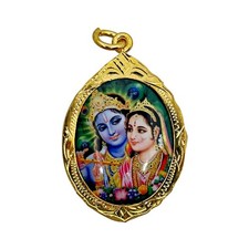 Radha Krishna Om Hindu Amulet Pendant Gold Plated Frame #3