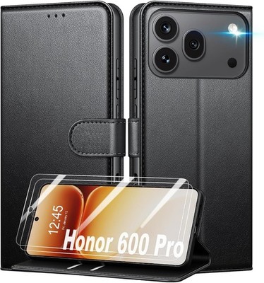 Hülle für Honor 600 Pro, Flip Leder Wallet Stand Handy Cover + Hartglas